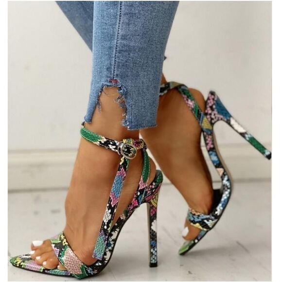 SNAKESKIN ANKLE  STRAP THIN HEELED POINTED TOE  SANDAL - Picture 1 of 16